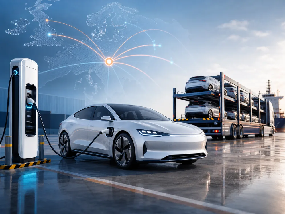 3D Elektroauto am Ladepunkt mit Export-Routen und Autotransporter