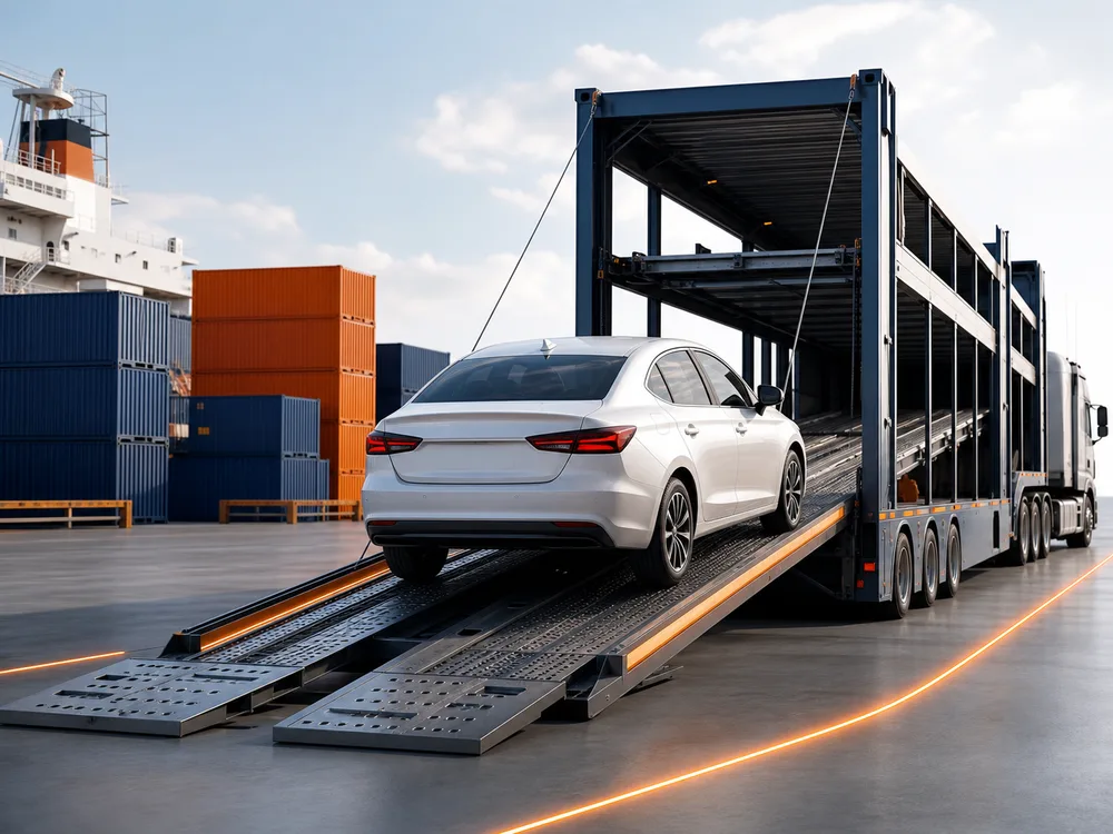 3D Fahrzeugverladung auf einen Autotransporter im Exportterminal